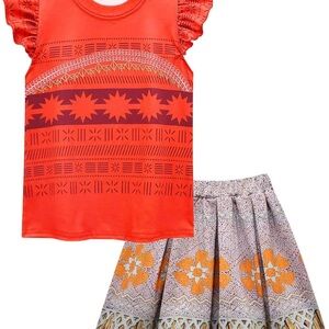 Moana Red Orange Patterned Top and Skirt Set Cosplay Costume or Outfit Disney